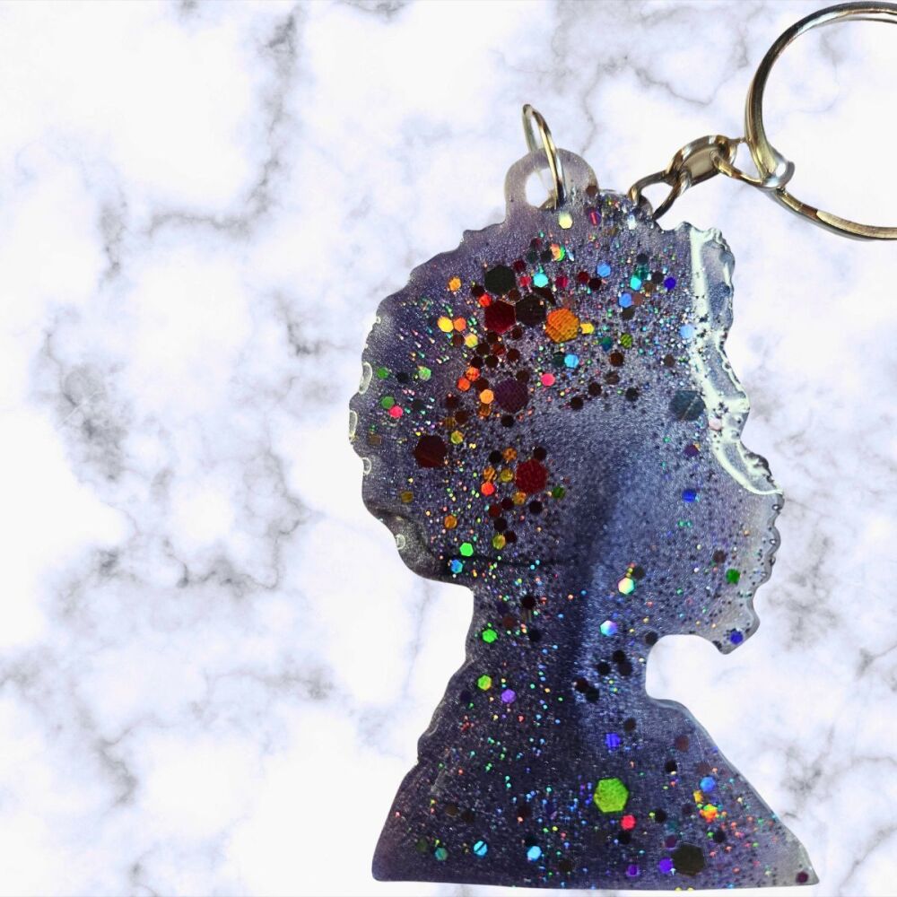 Blue Glass Glitter Male Afro-head shaped Keyring