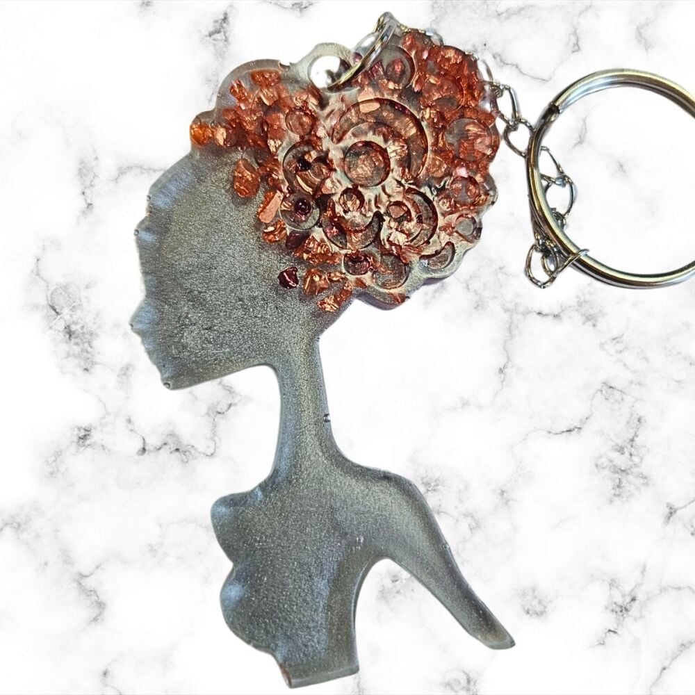 Red Gold Glitter Female Afro-head shaped Keyring