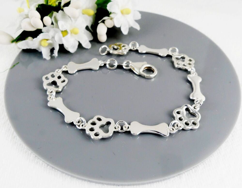 Silver Paw Bone Charm Bracelet