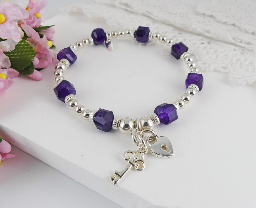 Amethyst Faceted Crystal Cube Charm Bracelet