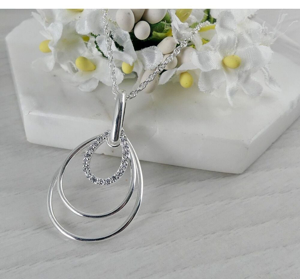 Teardrop Oval CZ Silver Necklace