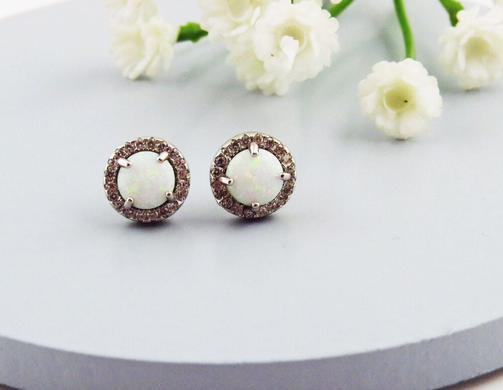 White Opal Stud Earrings