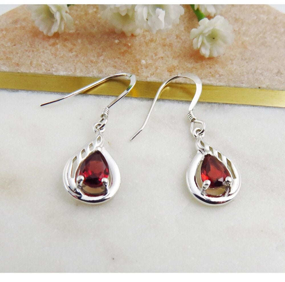 Silver Garnet Drop Earrings