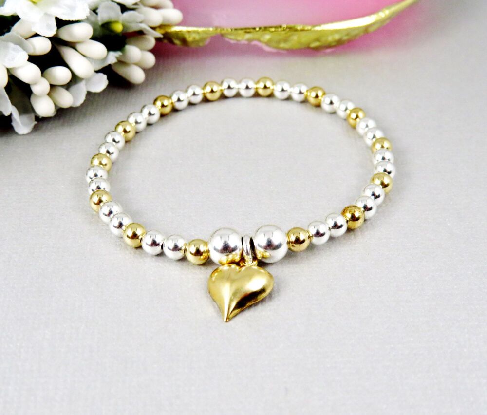 Gold Heart Silver Charm Bracelet