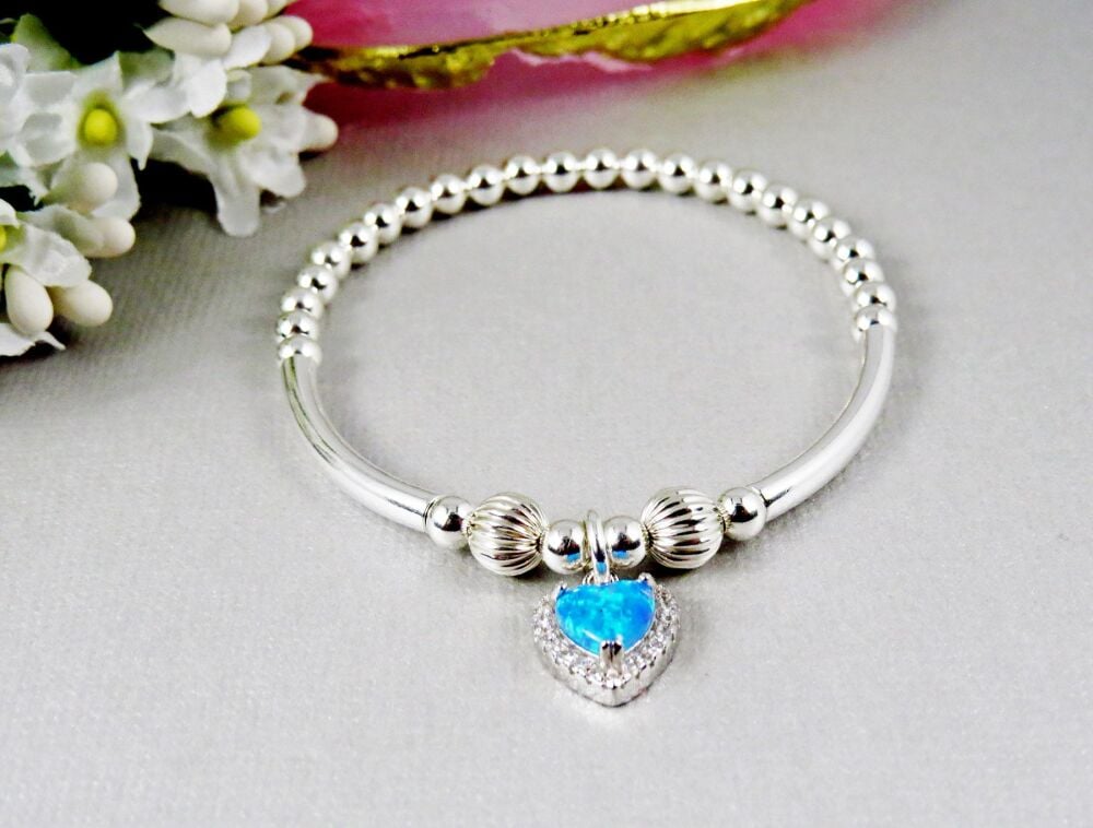 Opal Blue Heart Charm Bracelet