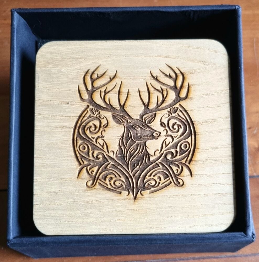 Wooden Coaster Set With A Stag Design