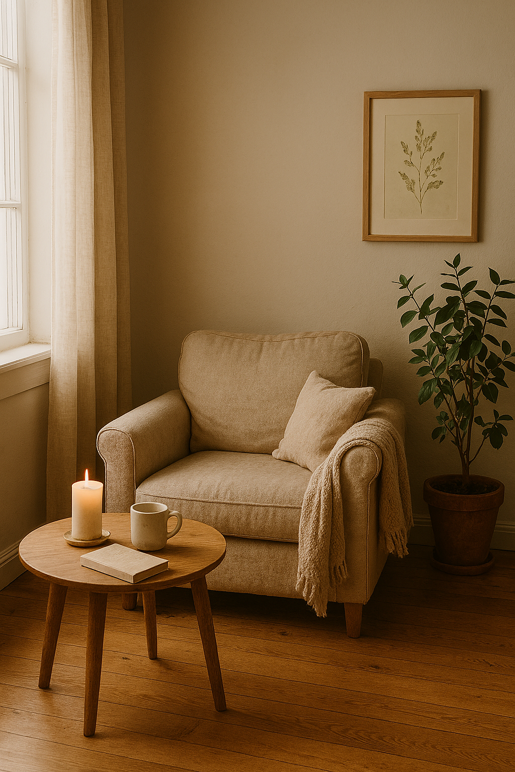 A quiet, cosy corner with a soft armchair, warm light and a calm, inviting atmosphere.