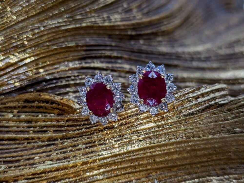 Ruby with diamond halo Earrings on 18K Yellow Gold