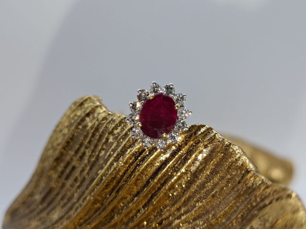 Ruby with diamond halo Earrings on 18K Yellow Gold