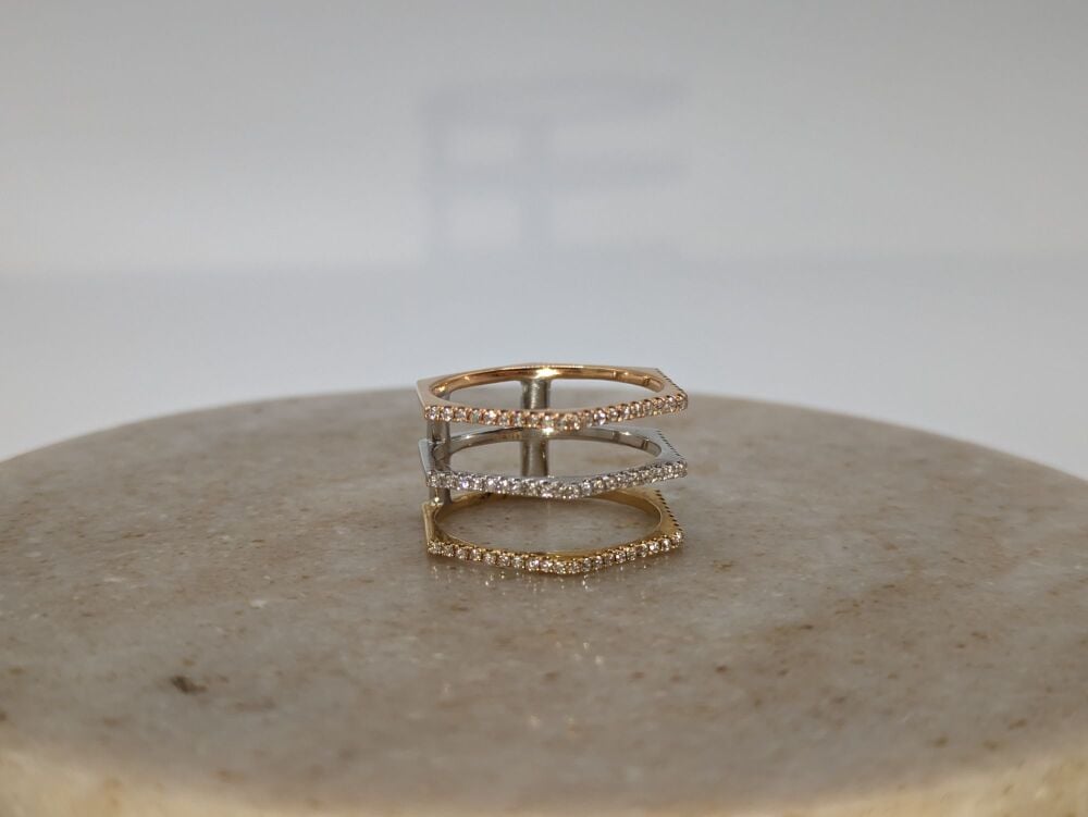 Hexagonal three metal cocktail ring