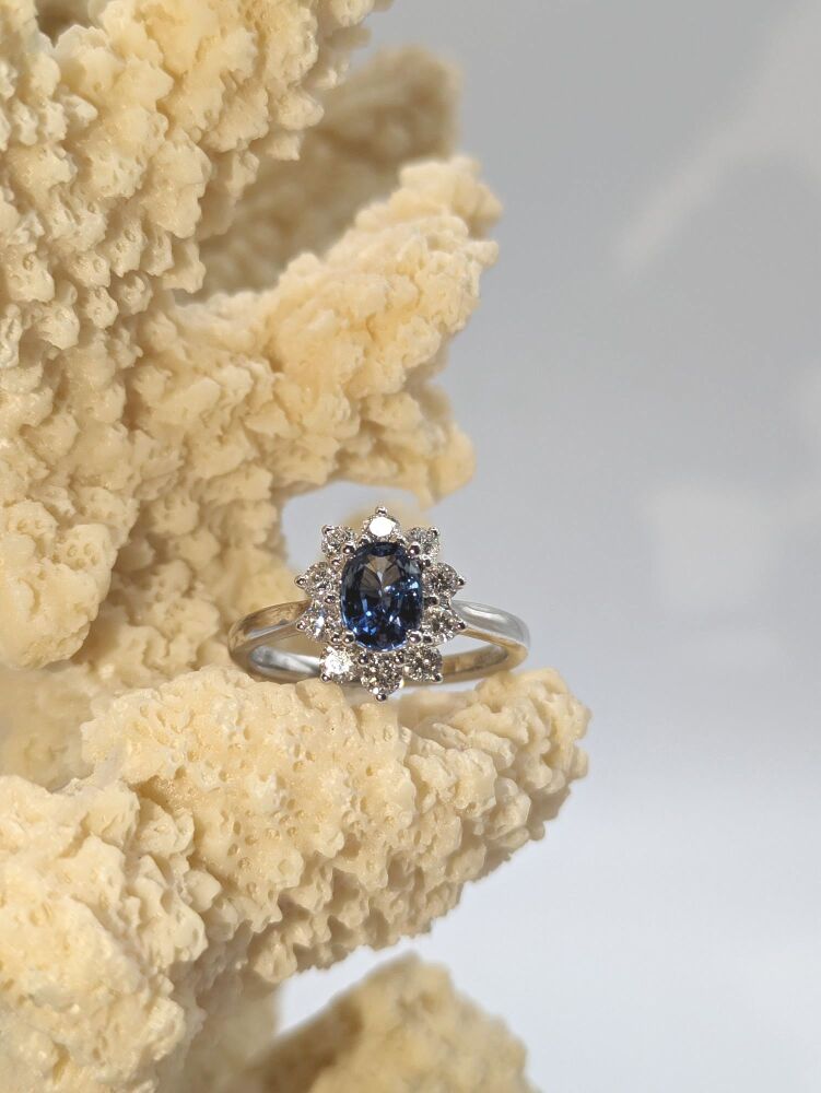 Ceylon Blue sapphire in diamond halo on 18K white Gold