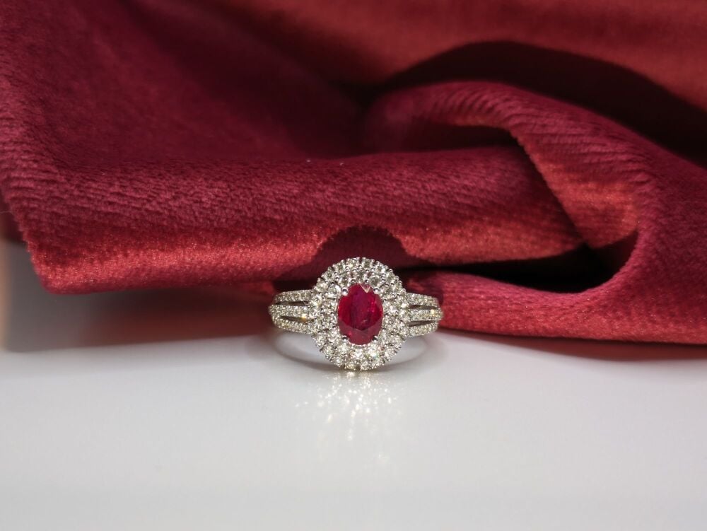 Ruby and diamond Double halo shoulder set ring 2.90ct VS1/ E