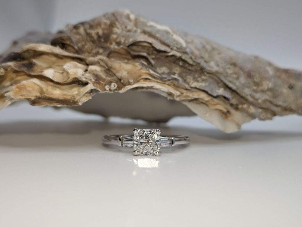 Cushion cut with tapered baguette accent diamonds 1.12ct Total VS1/ E