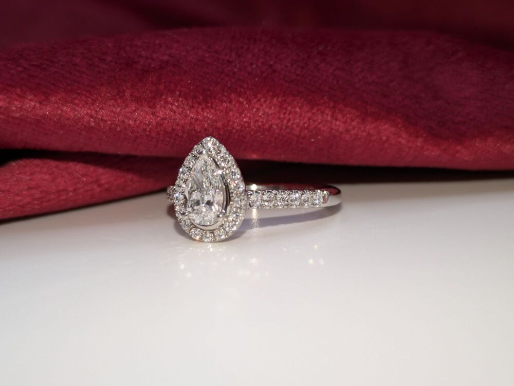 Pear cut Halo with diamond shoulders 1.10ct Total VS2/ F