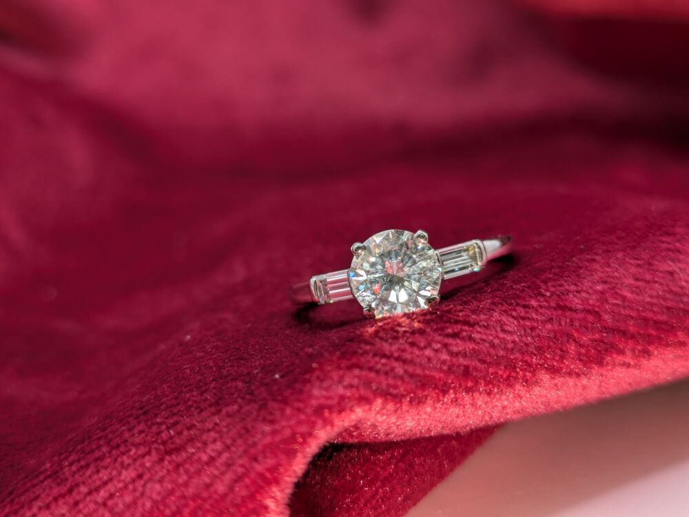 Round with Baguette accent Trilogy style ring 1.52ct Total SI1/ D