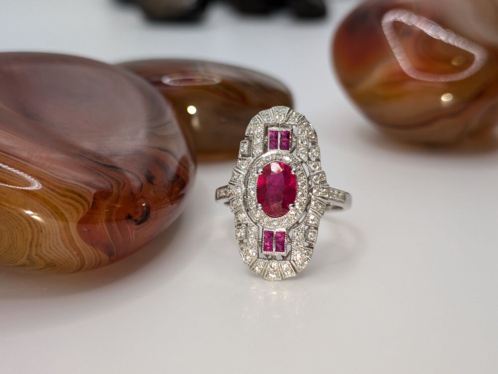 Ruby and diamond Art Deco style cocktail Ring 1.37ct