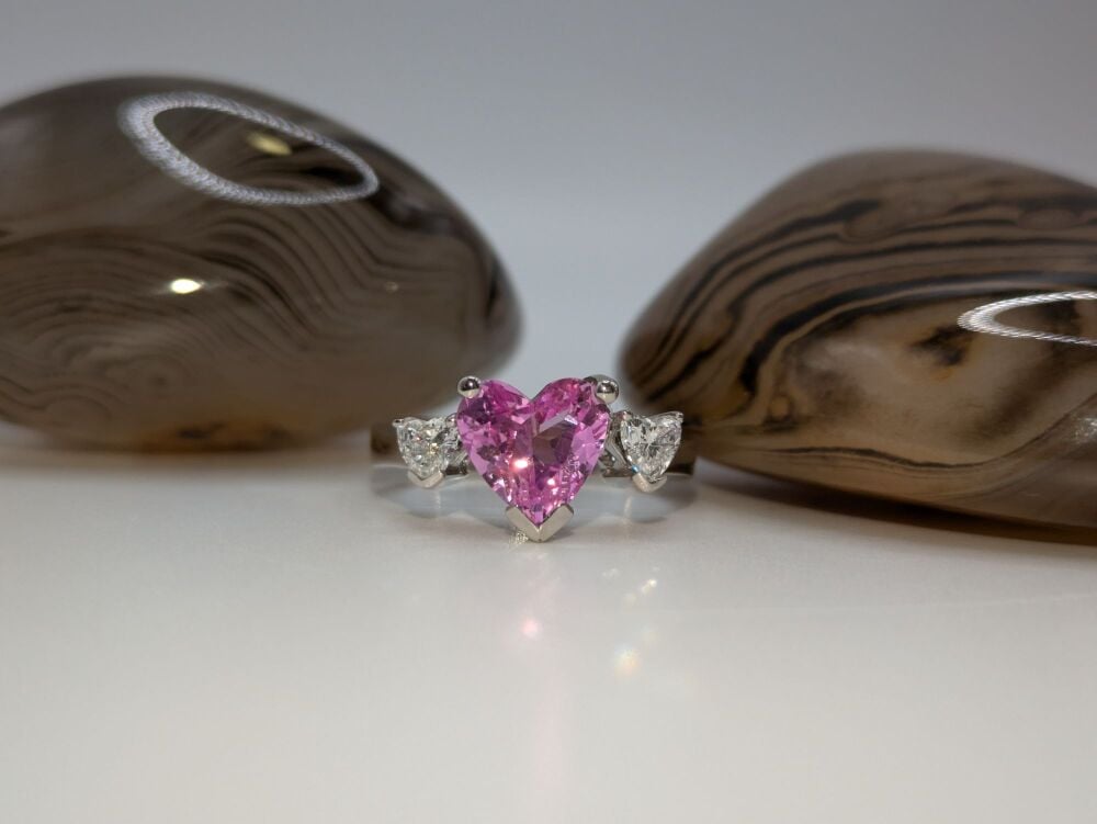 Pink Sapphire and heart cut diamond Trilogy 2.90ct Total VS1/ F