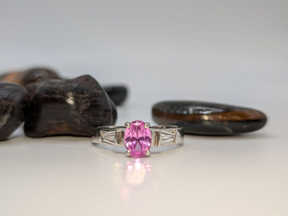 Oval pink sapphire Trilogy with tapered baguette diamond shoulders 1.08ct Total