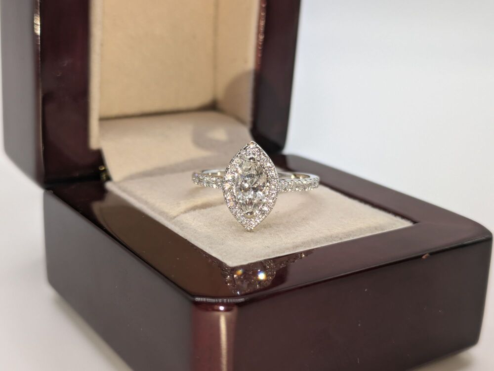 Marquise cut with diamond halo and shoulders in Platinum 0.92ct VS1/ F