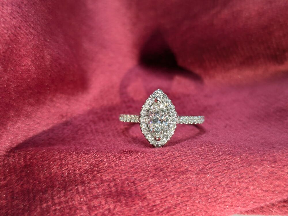 Marquise cut with diamond halo and shoulders in Platinum 0.92ct VS1/ F