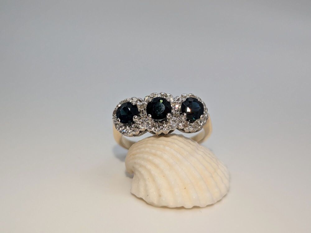 Sapphire trilogy ring with diamond halo 1.15ct Total VS1/ F