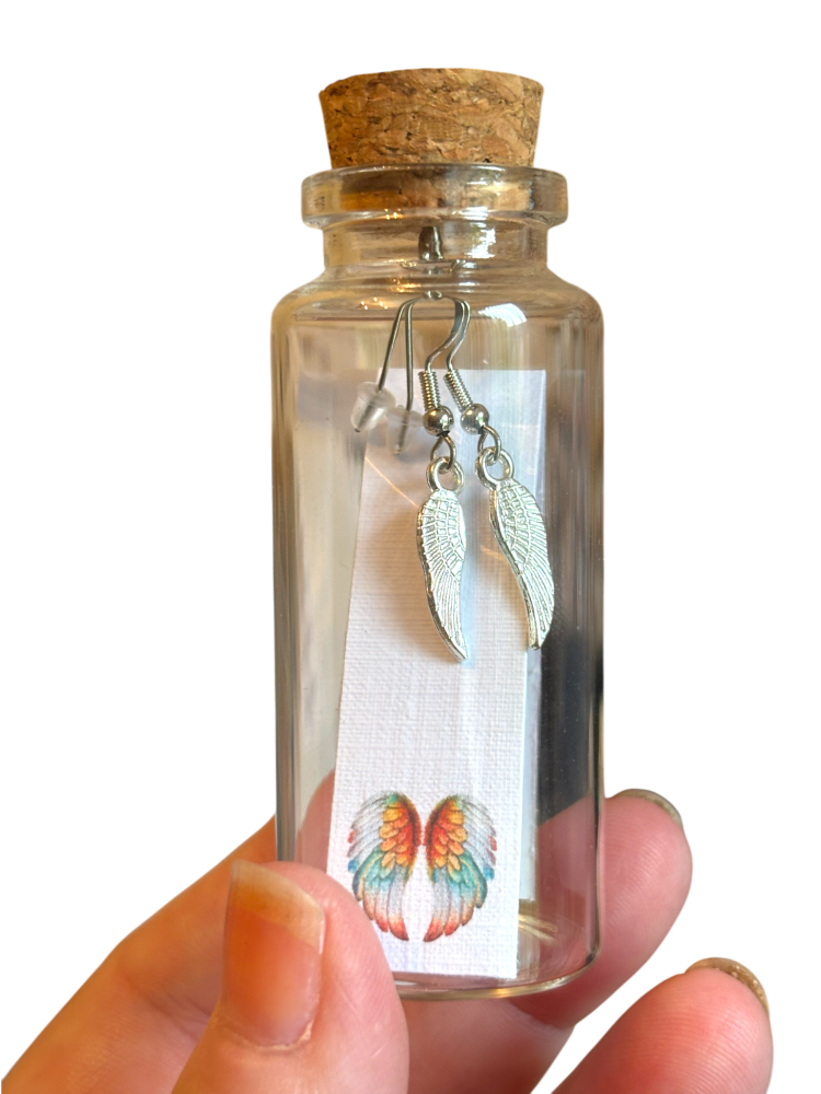 HANDMADE ANGEL WING EARRINGS IN A BOTTLE