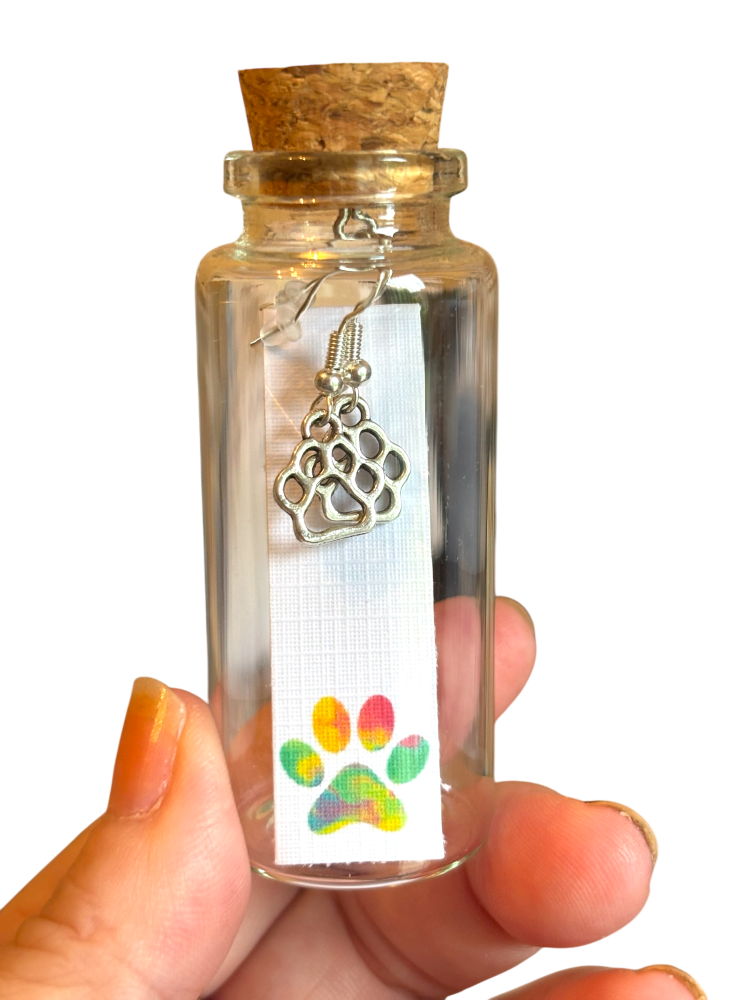 HANDMADE PAW PRINT EARRINGS IN A BOTTLE