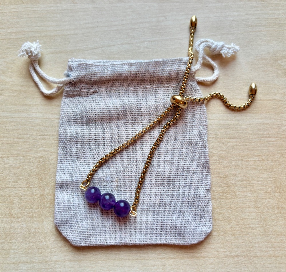 HANDMADE GOLD PLATED STAINLESS STEEL SLIDER BRACELET AMETHYST