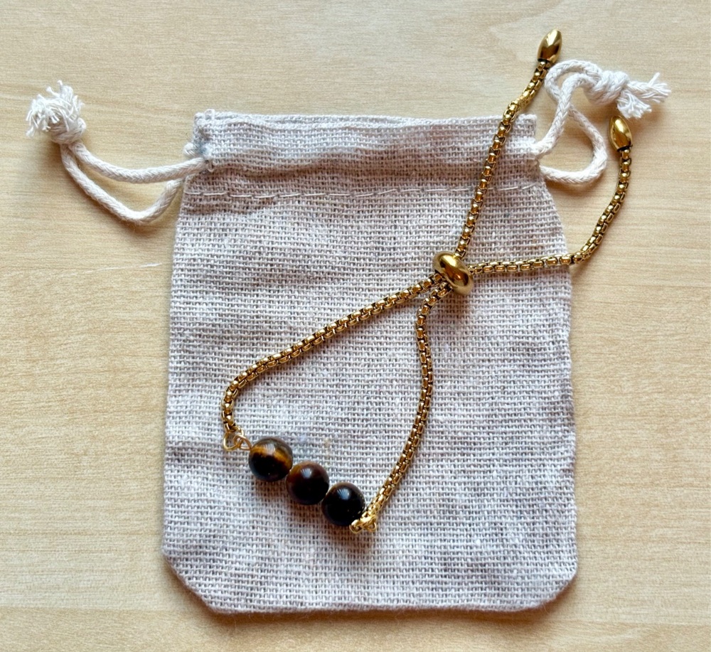 HANDMADE GOLD PLATED STAINLESS STEEL SLIDER BRACELET TIGER’S EYE