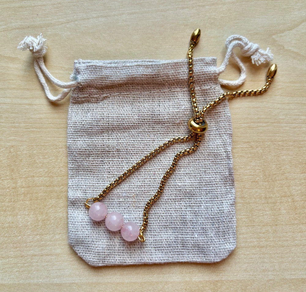 HANDMADE GOLD PLATED STAINLESS STEEL SLIDER BRACELET ROSE QUARTZ
