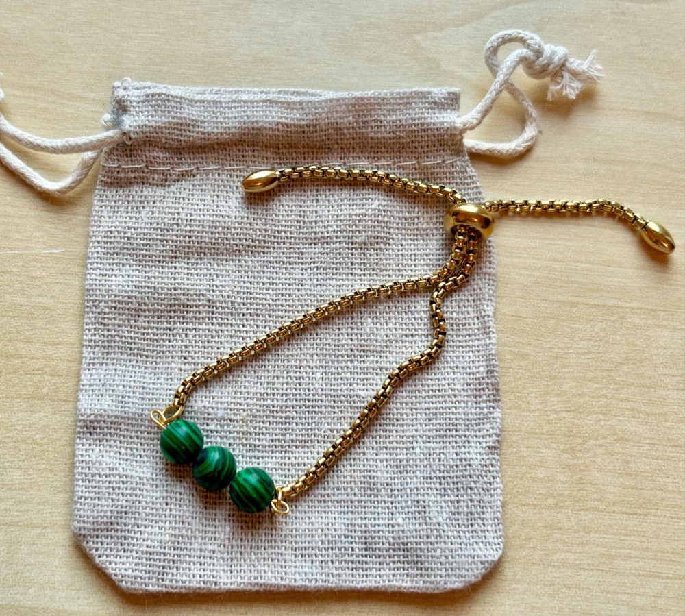 HANDMADE GOLD PLATED STAINLESS STEEL SLIDER BRACELET MALACHITE