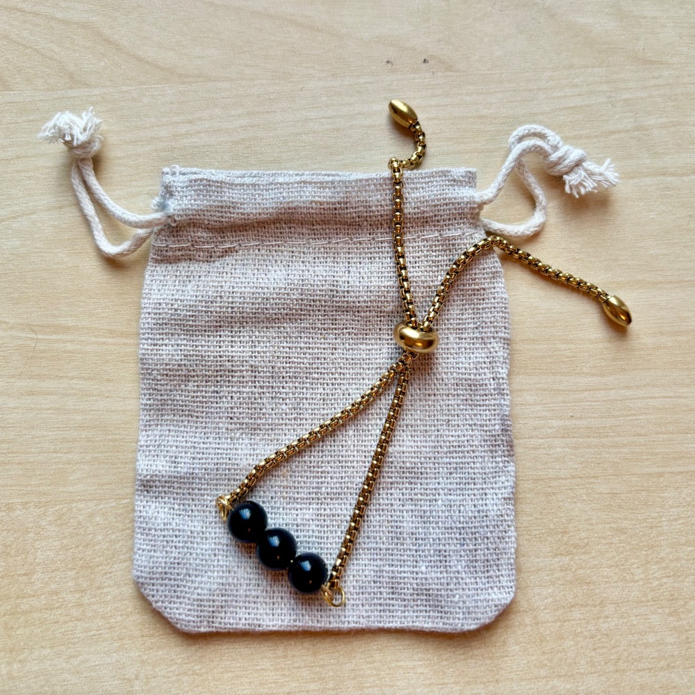HANDMADE GOLD PLATED STAINLESS STEEL SLIDER BRACELET OBSIDIAN