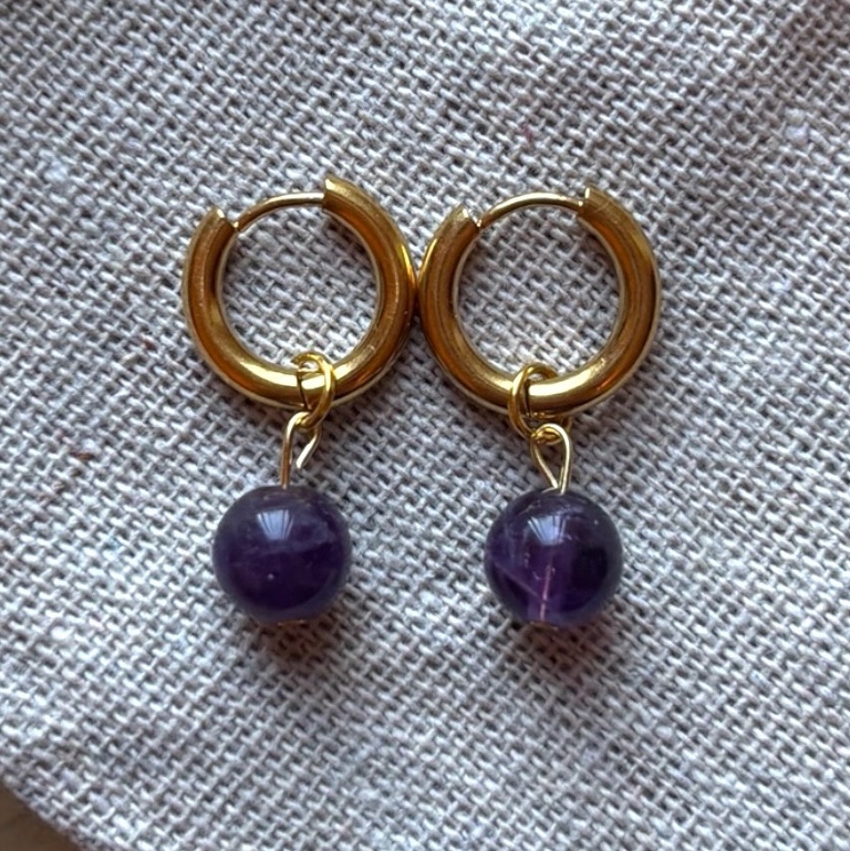 HANDMADE GOLD PLATED STAINLESS STEEL HOOP EARRINGS AMETHYST