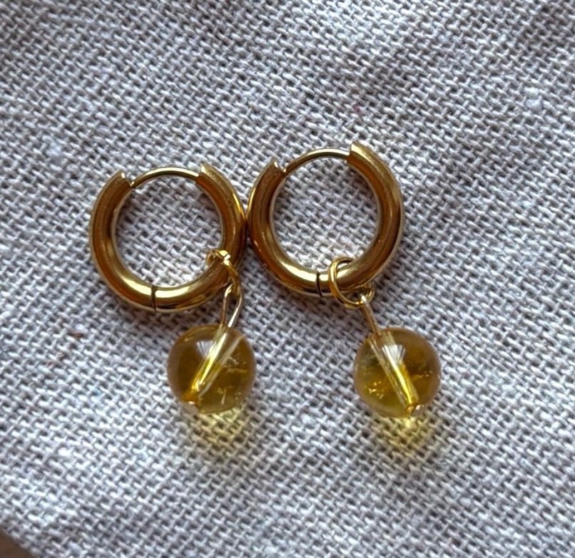 HANDMADE GOLD PLATED STAINLESS HOOP EARRINGS CITRINE