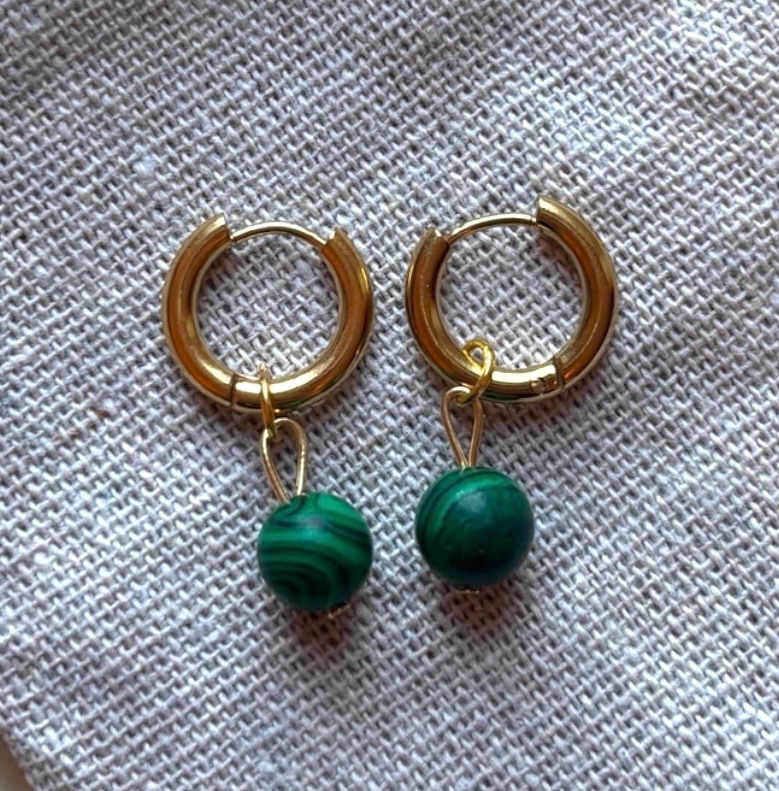 HANDMADE GOLD PLATED STAINLESS STEEL HOOP EARRINGS MALACHITE