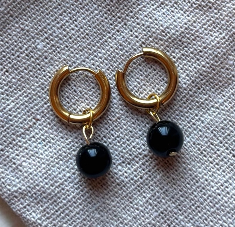 HANDMADE GOLD PLATED STAINLESS STEEL HOOP EARRINGS OBSIDIAN