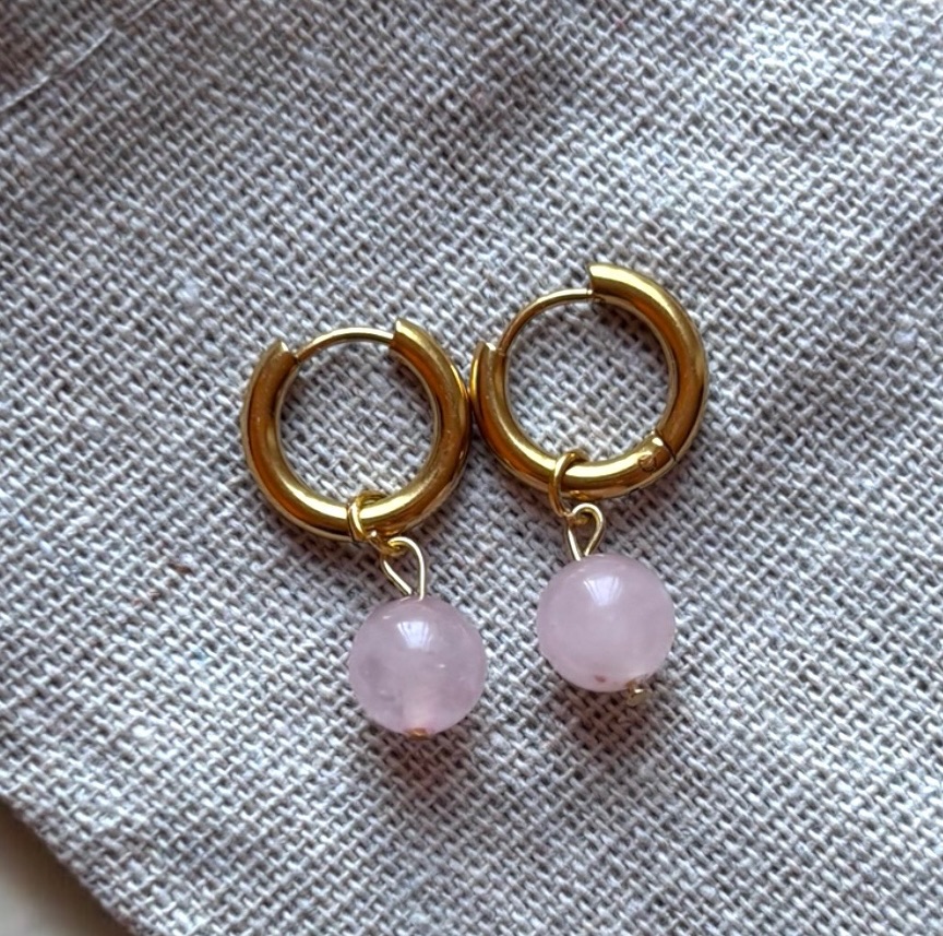 HANDMADE GOLD PLATED STAINLESS STEEL HOOP EARRINGS ROSE QUARTZ