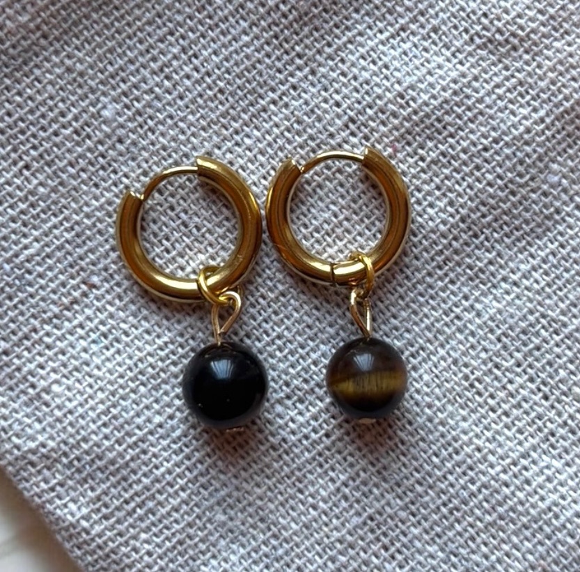 HANDMADE GOLD PLATED STAINLESS STEEL HOOP EARRINGS TIGER’S EYE