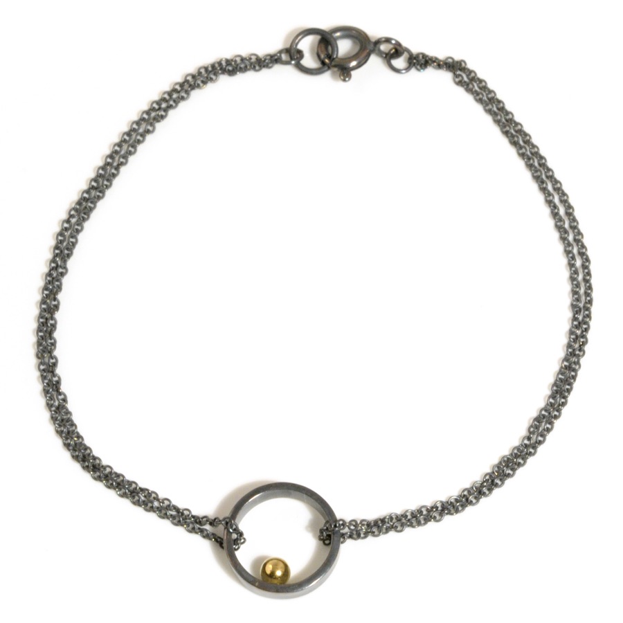 Oxidised silver chain bracelet with open circle with gold ball detail