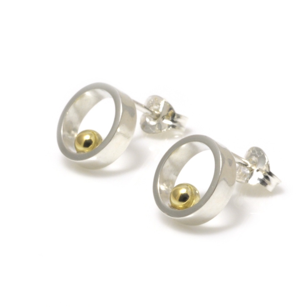 Silver with gold ball open circle stud earrings