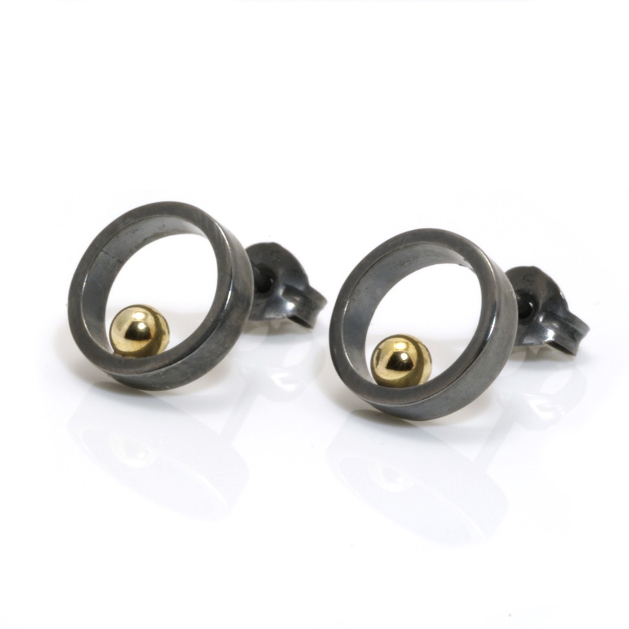 Oxidised silver with gold ball open circle stud earrings