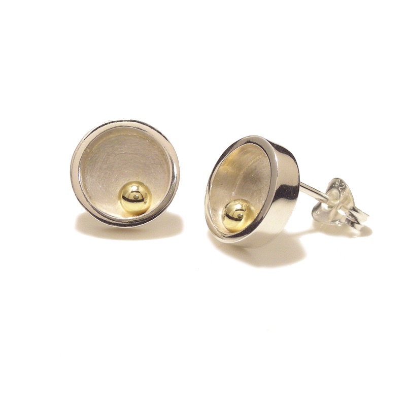 Silver with gold ball closed circle stud earrings