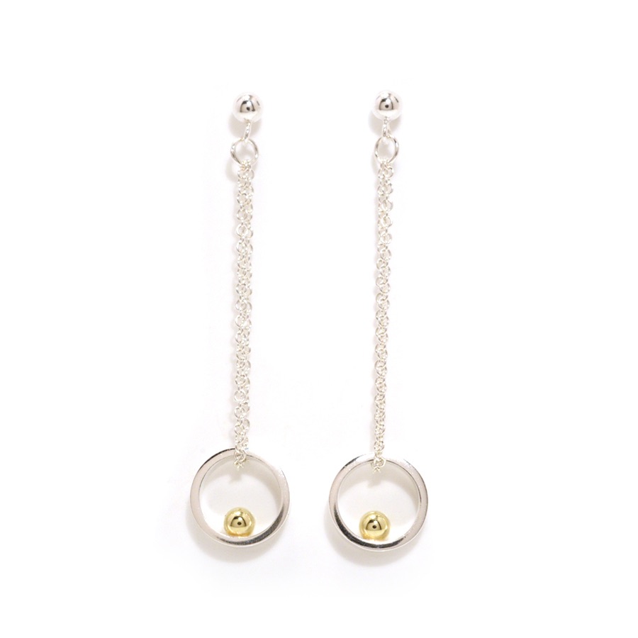 Silver open circle with gold ball medium loop earrings