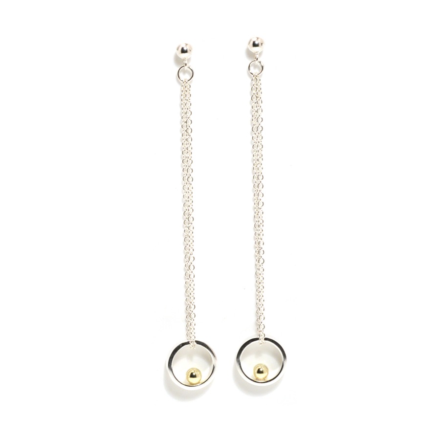 Silver open circle with gold ball long loop earrings