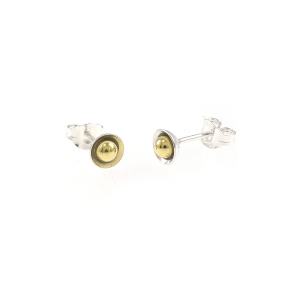 Tiny double concave silver earrings with a gold ball