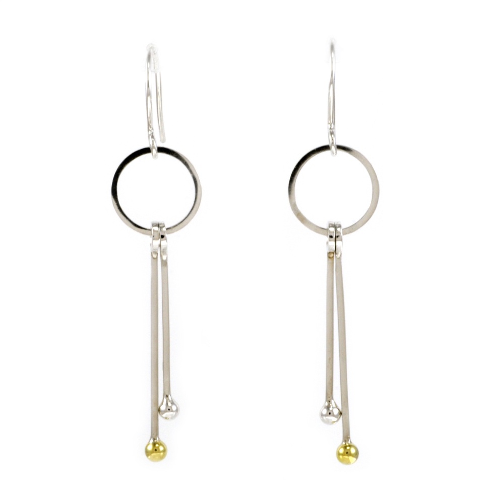 Silver small circle earrings with dangle posts with silver and gold balls