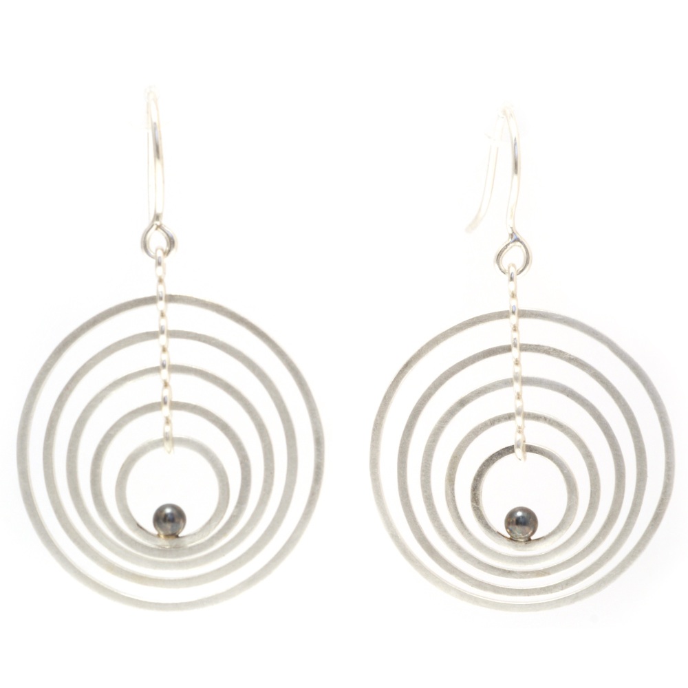 Multiple circle dancing earrings with oxidised silver ball