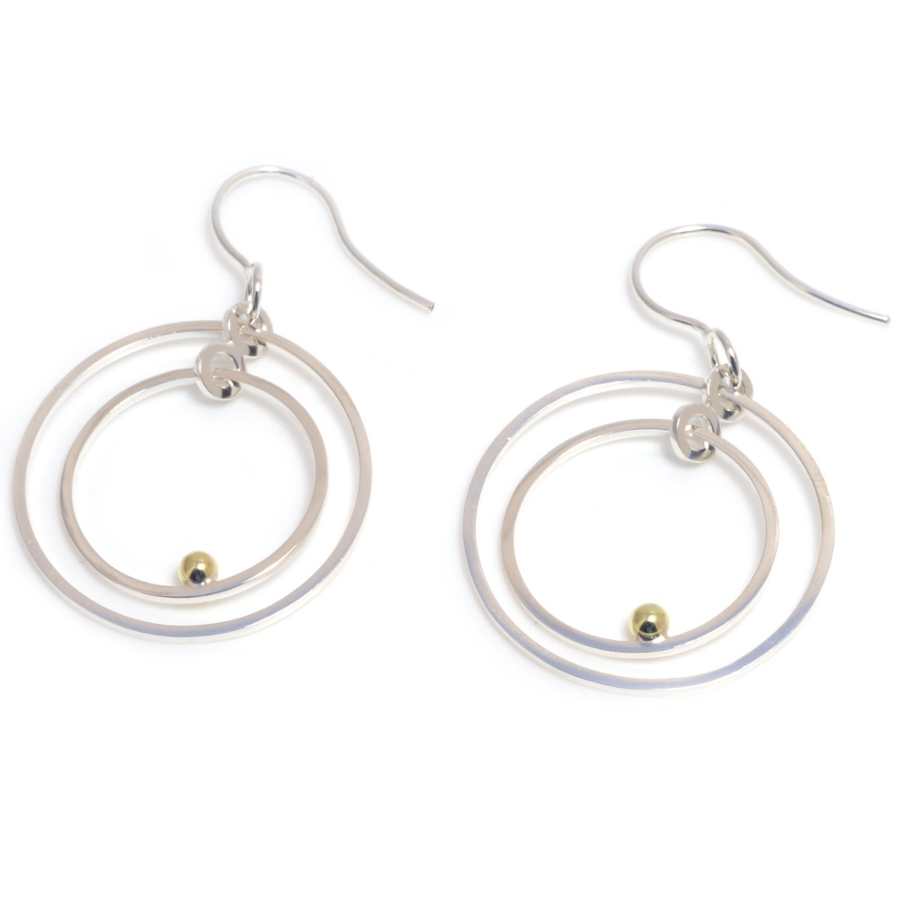 Silver double circle earrings with gold ball detail