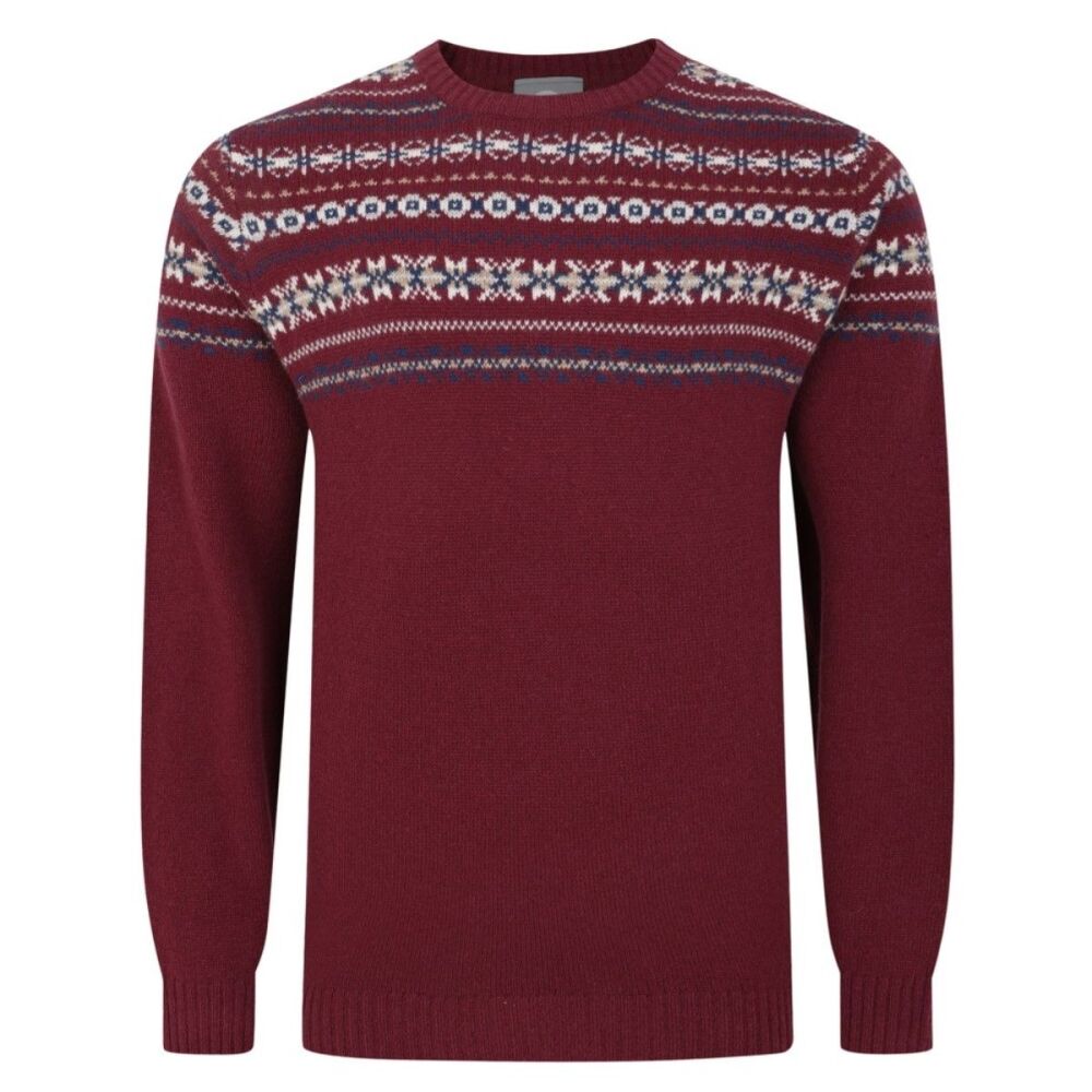 100% Lambswool Fair Isle Crew Neck Jumper - Ruby