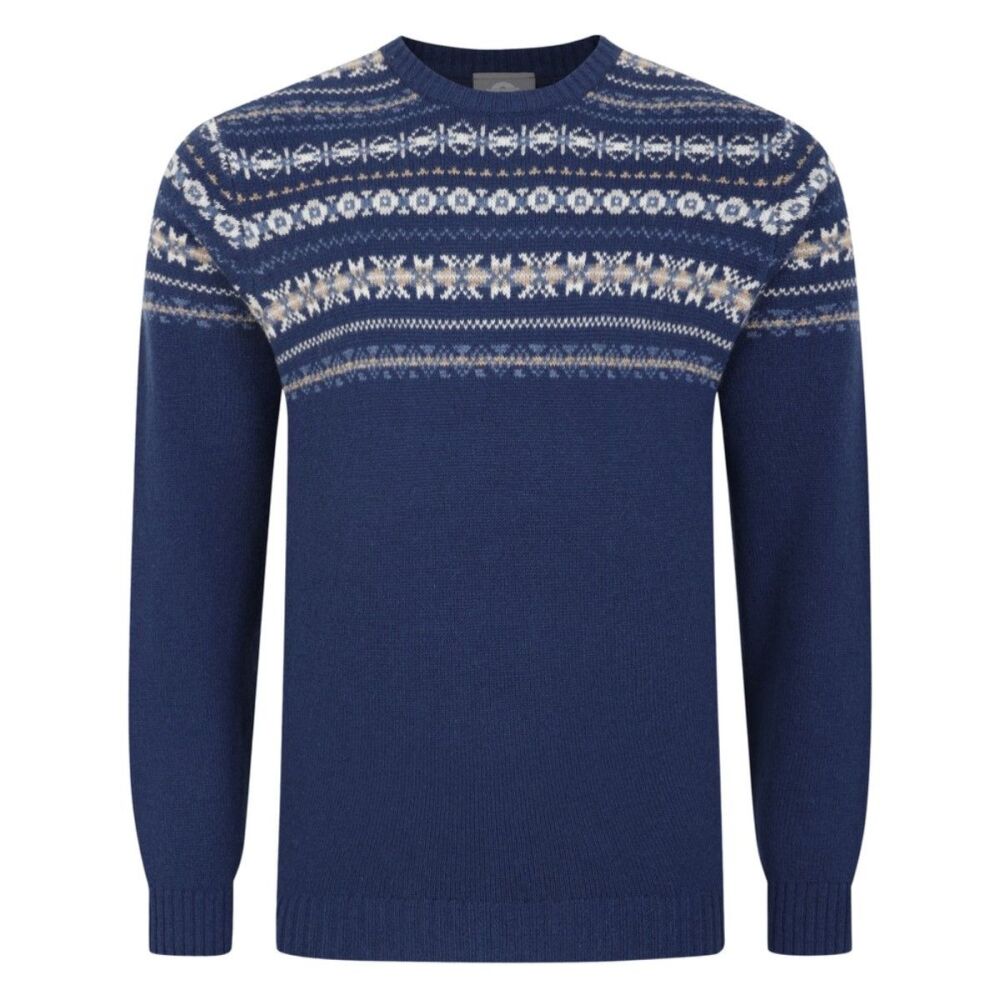 100% Lambswool Fair Isle Crew Neck Jumper - Navy